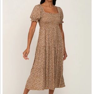 Gold ditsy floral smocked tiered midi dress